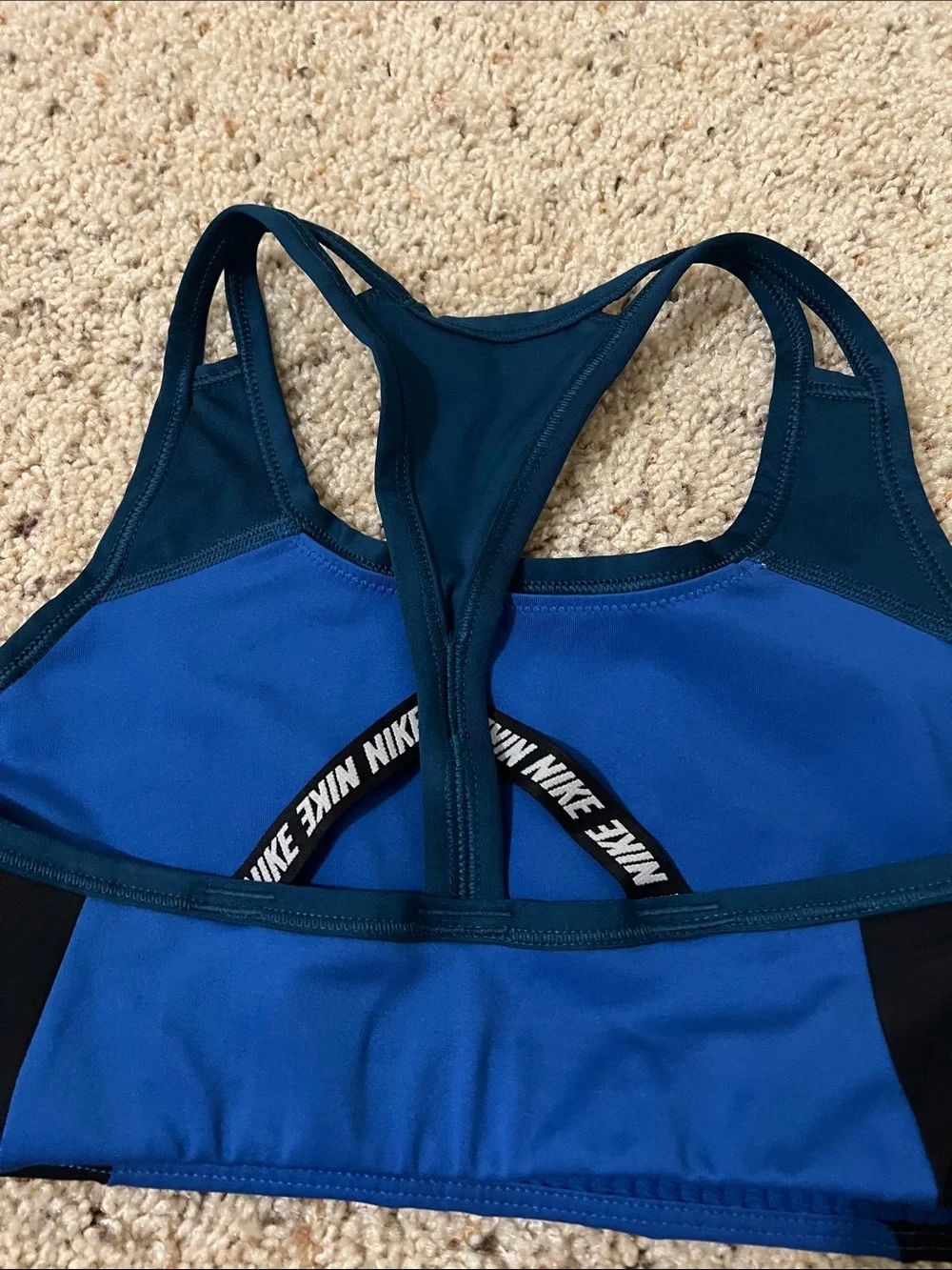 Nike Blue & Black Racerback Sports Bra with White Swoosh